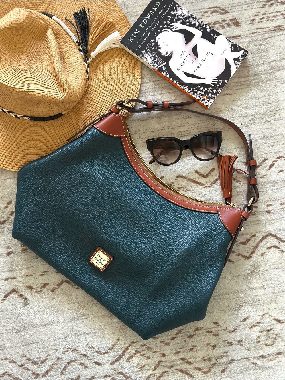 Dooney & Bourke Teal Pebble Leather Shoulder Bag with Brown Trim